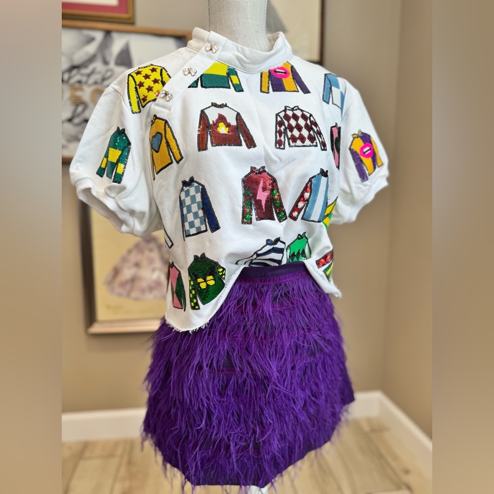 New! QUEEN OF SPARKLES Purple Feather Mini Skirt